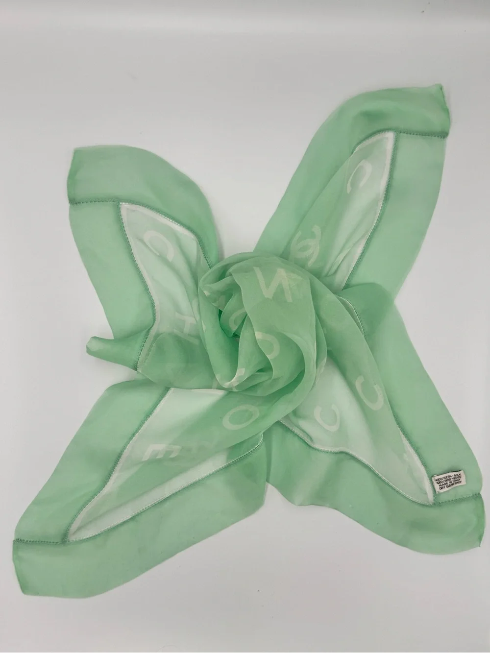 Vintage CHANEL 100% Silk Scarf Mint Green Logo CC Letter Print Made in Italy